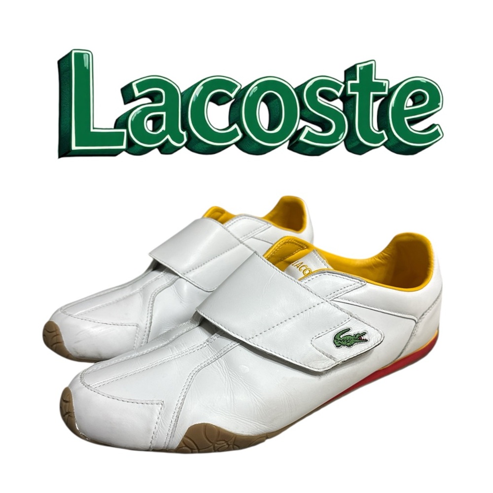 185. 🐊Lacoste men’s White and Yellow Sneakers with Velcro Strap size 12